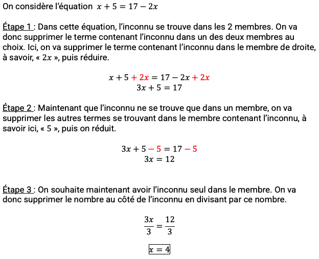 Exemple de résolution d'équation du premier degré dans le chapitre des équations en mathématiques.