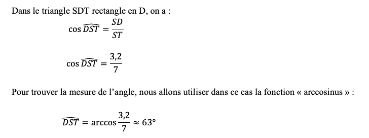 Exemple de calcul d'angles dans le chapitre de la trigonométrie.